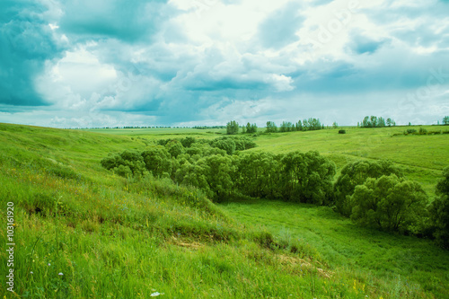 Green fields and hills under the cloudy sky.