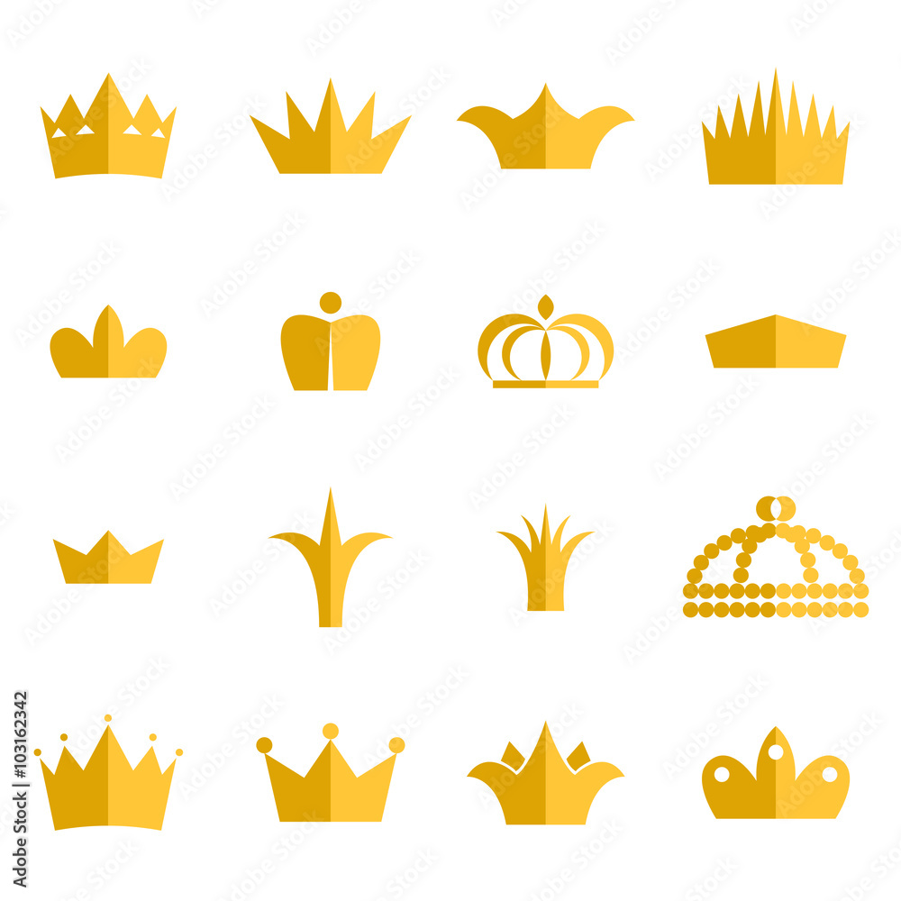 Gold crown clip art vector set. King or queen crowns flat style icons. Gold crown clip art vector set. King or queen crowns flat style icons.