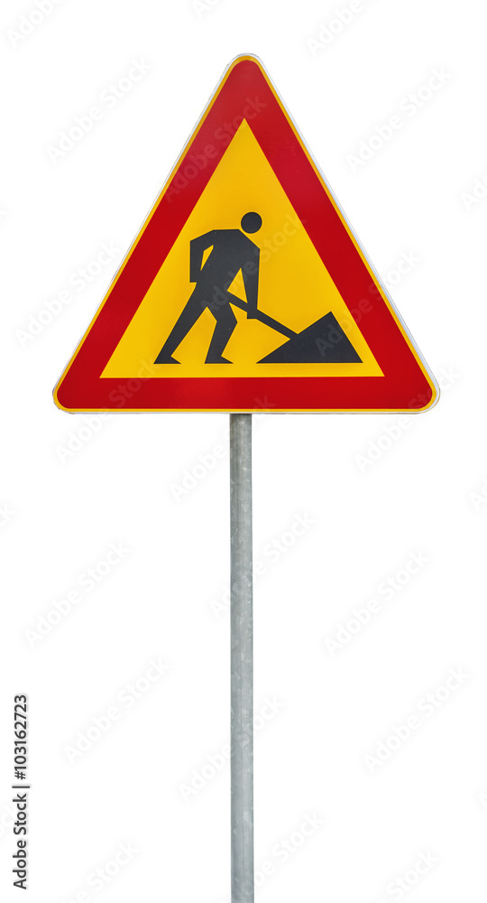Red and yellow under construction road sign on rod Red and yellow under construction road sign on rod