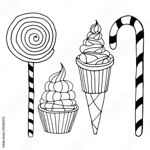 Set of various doodles, hand drawn rough simple sweets and candies sketches.