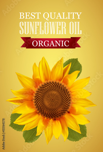 Sunflower oil label with n interesting logo on a yellow background. Vector illustration. 