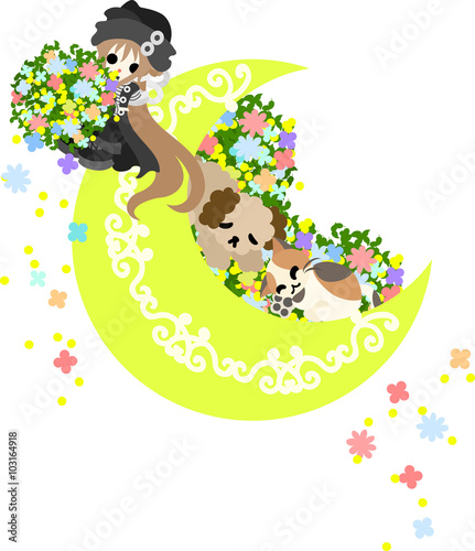 A girl with flowers and a dog and a cat are resting on the moon  and flowers are dancing.