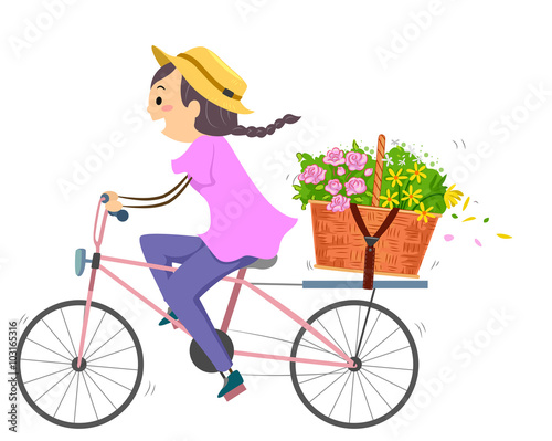 Girl Stickman Bike Flower Basket Deliver