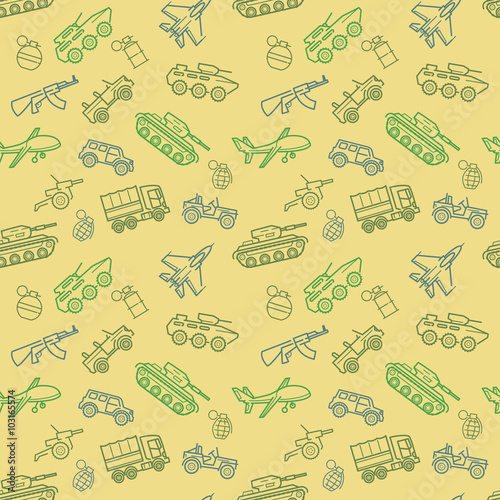 Vector Military seamless pattern with transport and weapon