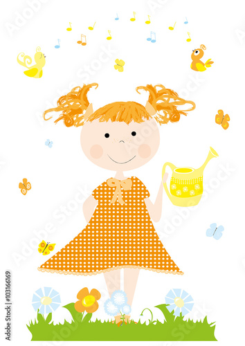 cute cartoon little girl watering flowers in the garden / spring and summer nature elements: flower, butterfly, bird 
