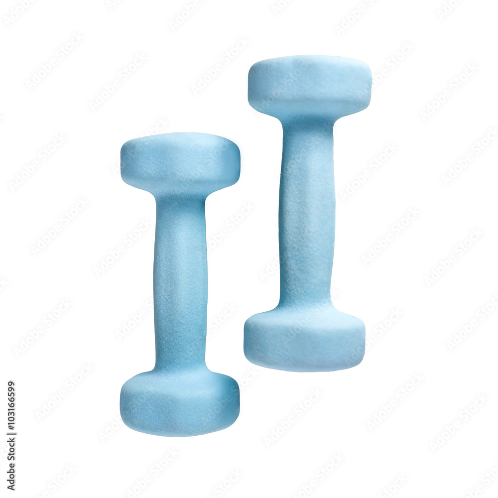 Two blue dumbbells isolated on white background. Two blue dumbbells isolated on white background.