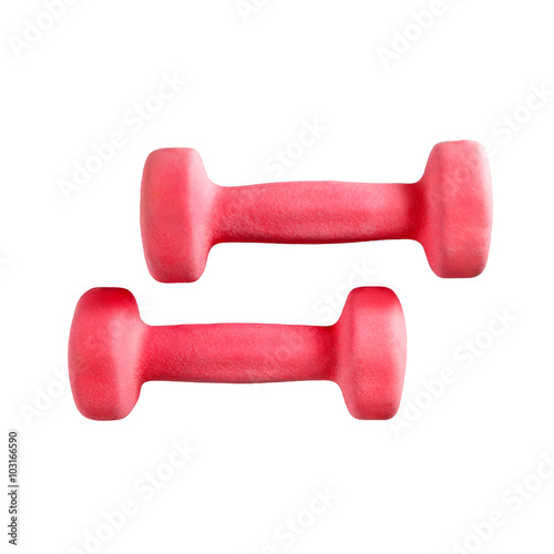 Two red dumbbells isolated on white background.
