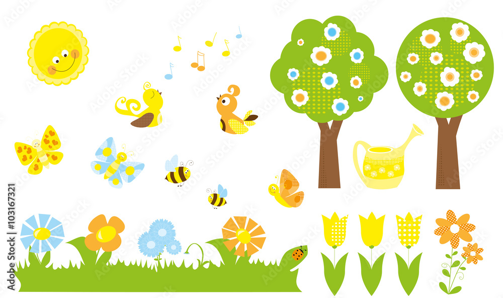 set of cute cartoon nature objects : flowers, singing birds, flying, butterflies, bees, blooming trees / joyful collection of spring vectors for children