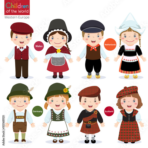 Kids in different traditional costumes (Wales, Netherlands, Germ
