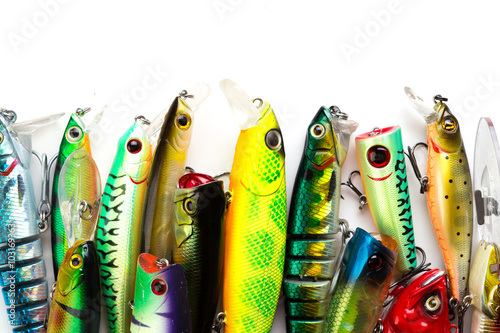 Fishing gear on white background photo