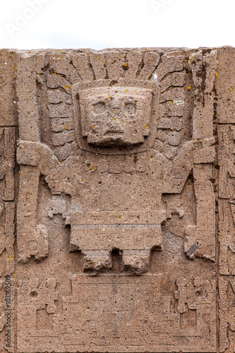 Close up of the Virachoca God, Inca civilizator. Close up of the gate of sun, Tiwanaku, Bolivia photo