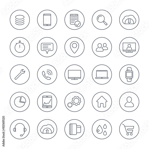 25 business, commerce, shopping, finance line icons in circles, vector illustration