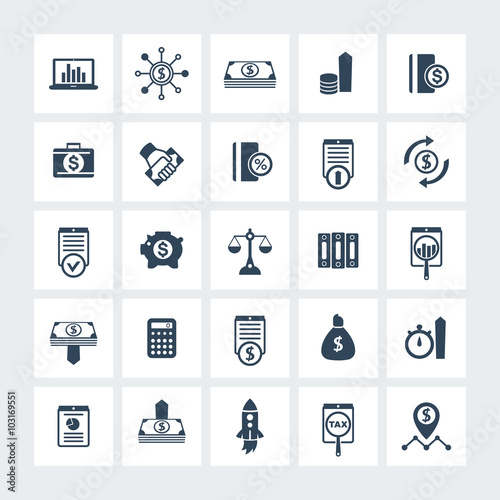 25 finance, investing icons, venture capital, investment, shares, stocks, investor, funds, money, income icons on squares, vector illustration