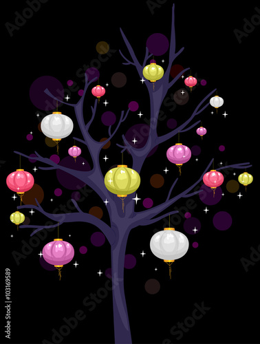 Lanterns Tree Black Background