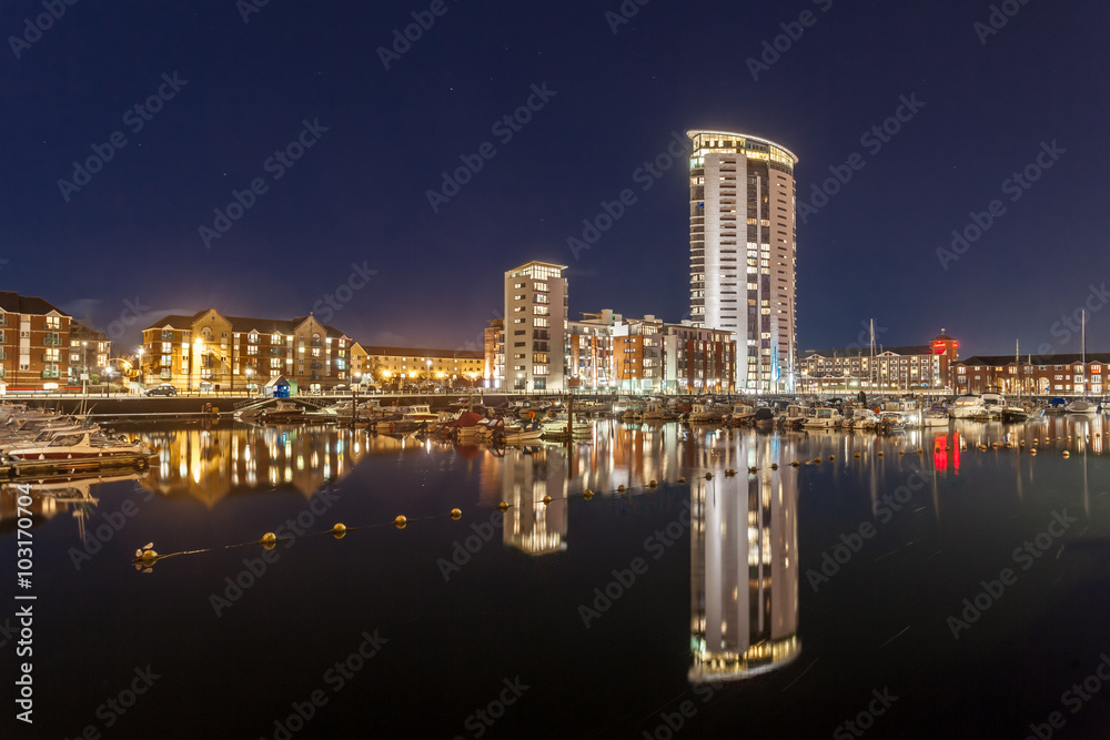 SWANSEA, UK - FEBRUARY 18, 2016: Swansea Marina, featuring the tallest building in Wales, the Meridian tower, standing at 107m (351ft).
