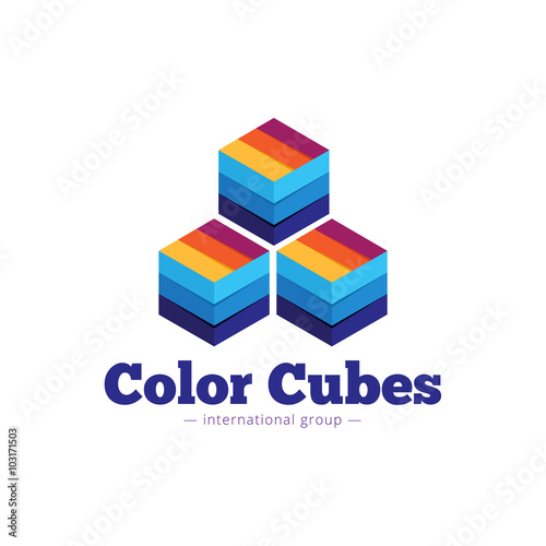 Vector paper style multicolor cubes logo. Flat striped cubes abstract symbol