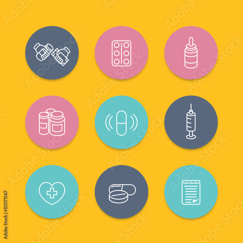 medicine, drugs, pills, pharmaceutics line icons, round flat set, vector illustration