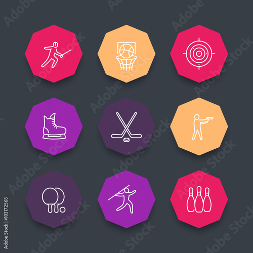 sports, games, team sport line icons, hockey, basketball, shooting sport, fencing icons, color octagon set, vector illustration
