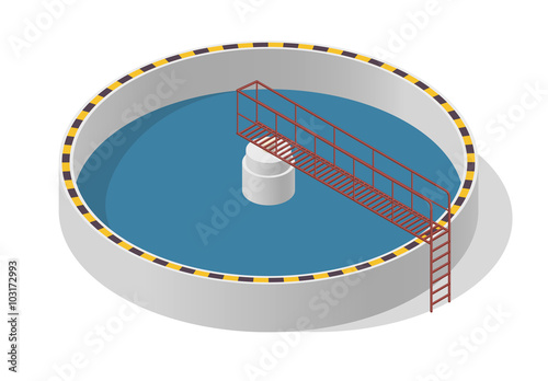 Water treatment isometric building info graphic, big bacterium purifier factory on white. Illustration scientific article. Pictogram industrial chemistry cleaner set. Flatten isolated master vector.