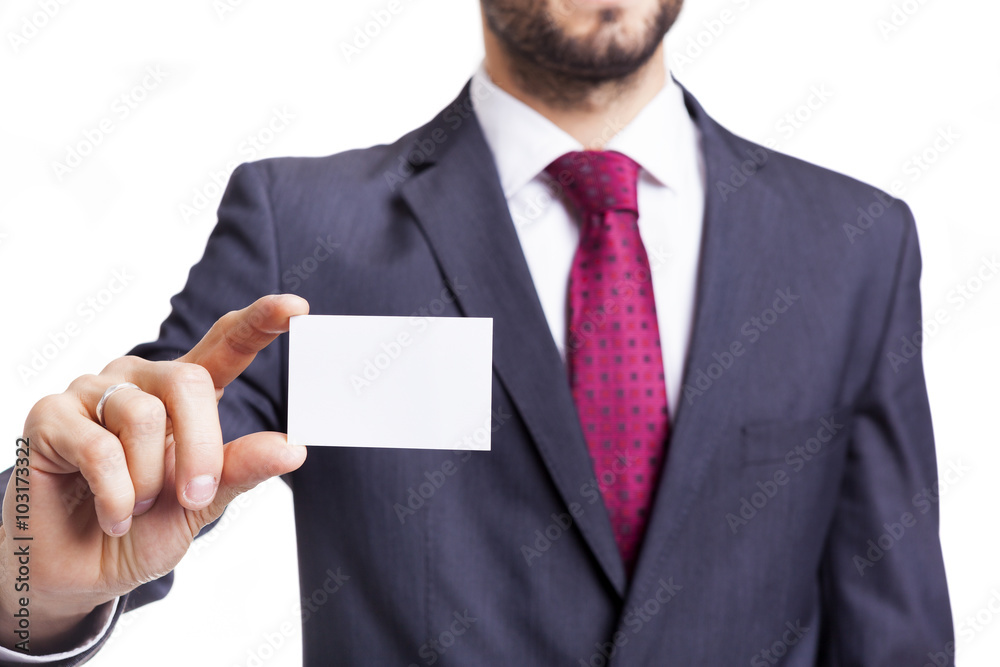 Businessman showing business card, isolated on white background Businessman showing business card, isolated on white background