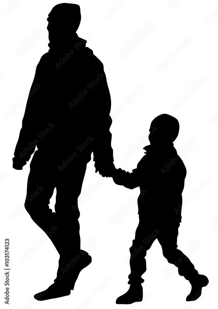 Father and son out for a walk on white background