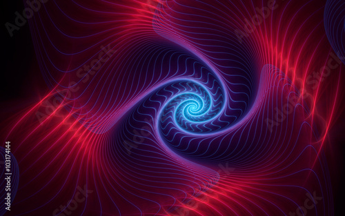 abstract fractal, red-violet spiral with neon blue highlight, soft curves