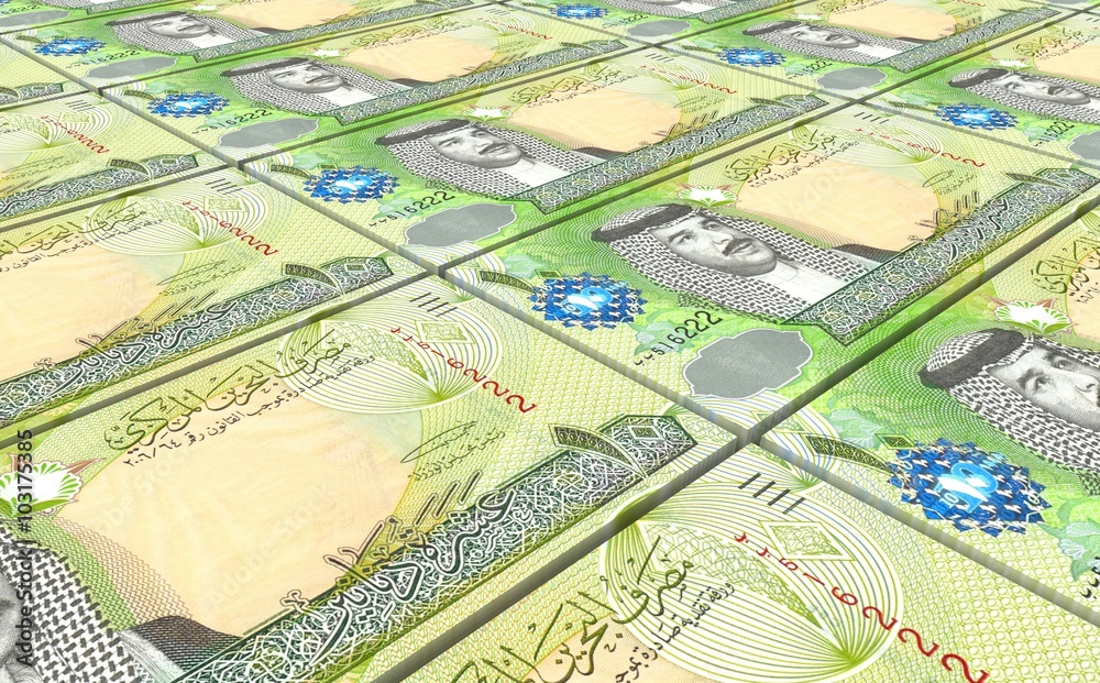 Fototapeta premium Bahraini dinar bills stacks background. Computer generated 3D photo rendering.