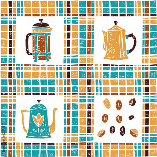 Seamless pattern coffee pots and plaid