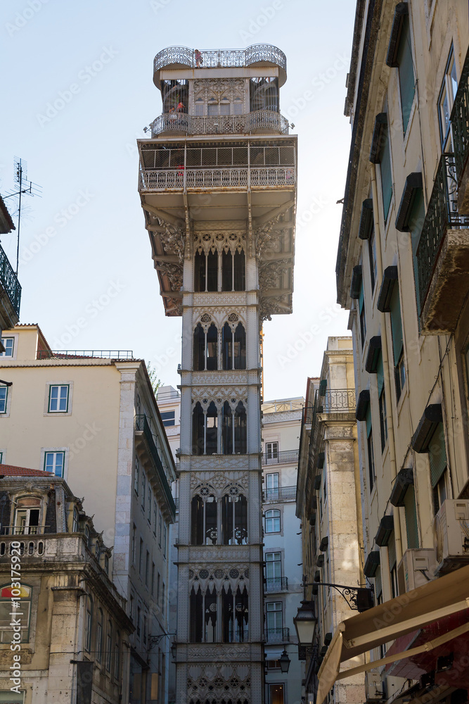 Lisbon street scene cityscape with the Santa Justa elevator in Lisbon, Portugal