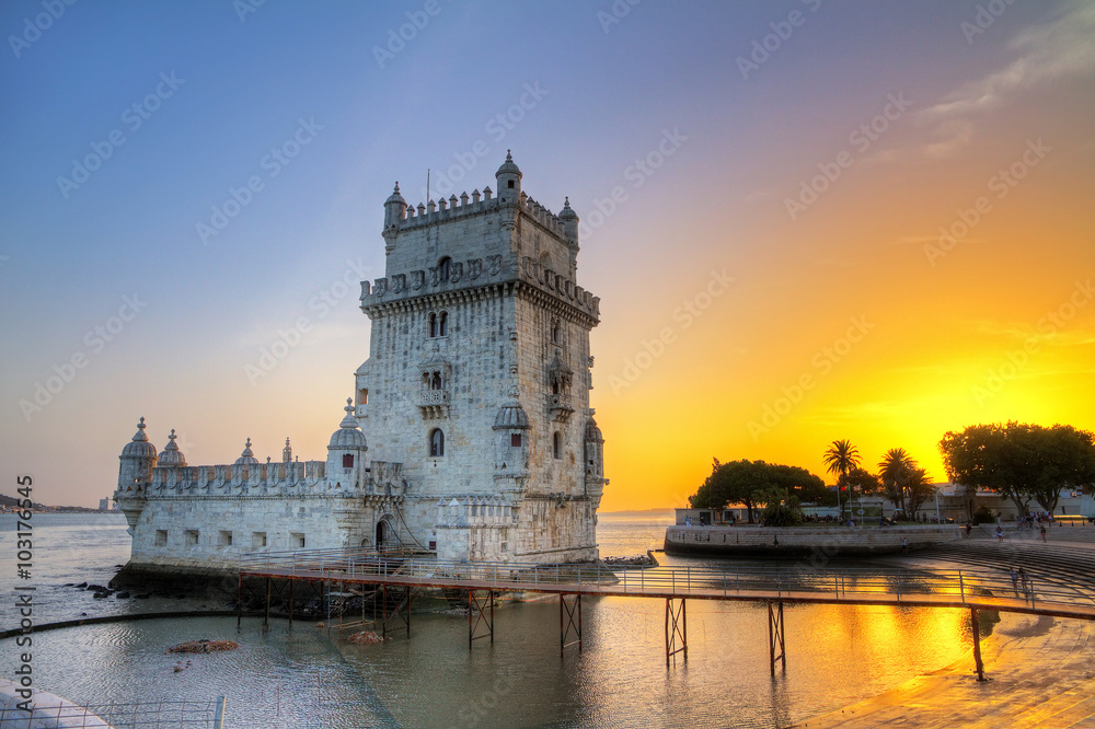 Beautiful image of the famous Belem tower at sunset in Lisbon, Portugal. HDR