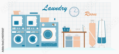 Laundry room with laundry room with washing machine, iron, ironing board, clothes pole in flat style. Vector illustration eps10
