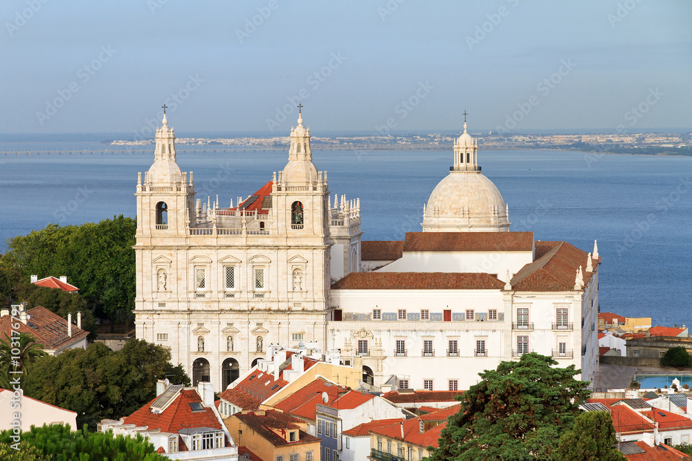 Beautiful view over Lisbon from the castle looking at the Monastery Vicente de fora and the Pantheon in Lisbon, Portugal