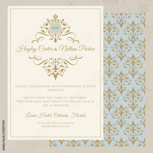 Wedding invitation. Decorative floral frame and monogram.