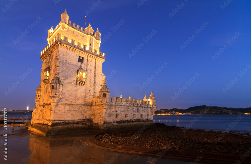 Beautiful image of the famous Belem tower after sunset during the blue hour in Lisbon, Portugal. 