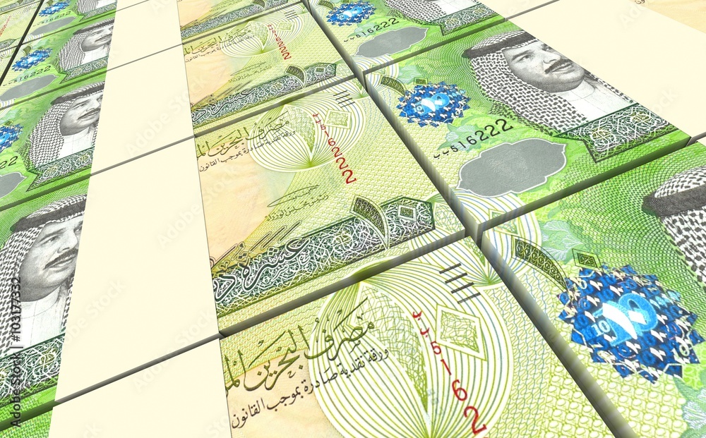 Bahraini dinar bills stacks background. Computer generated 3D photo rendering.