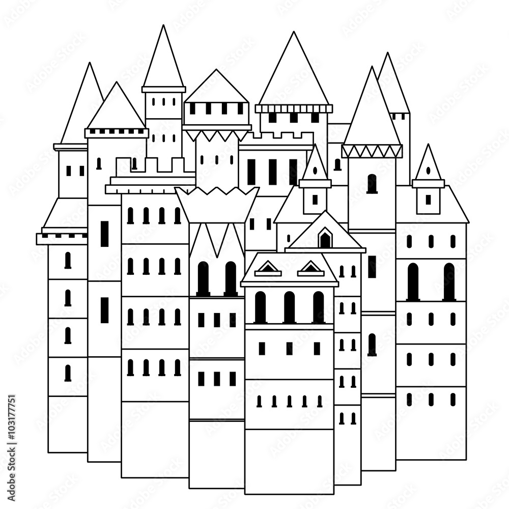 Fairy medieval castle. Vintage black and white hand drawn vector illustration in line art style