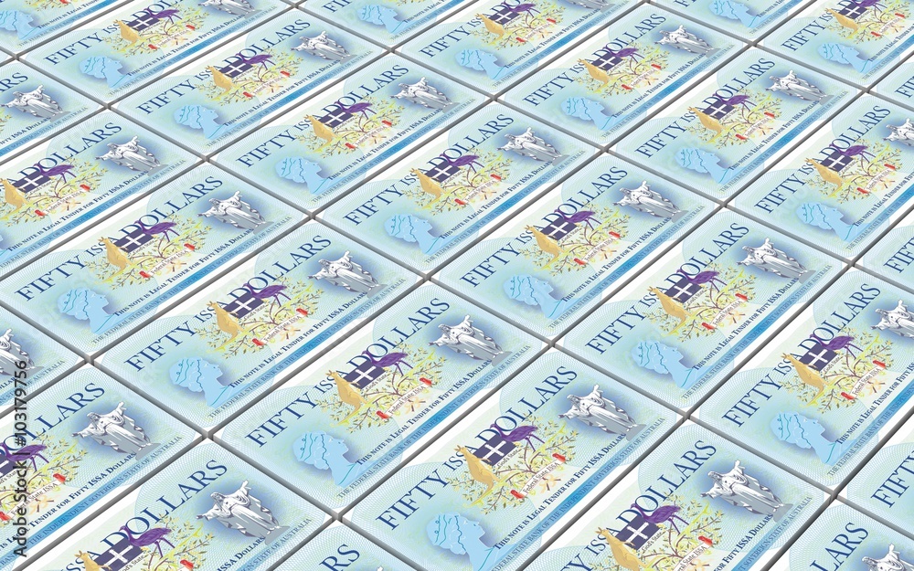 Independent Sovereign State of Australia bills stacks background. Computer generated 3D photo rendering.