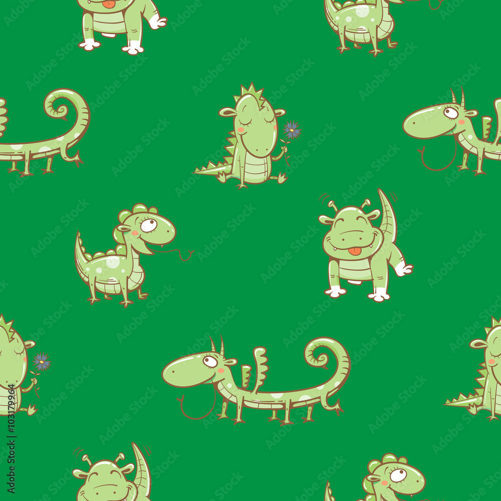Fototapeta premium Fairy seamless pattern with cute cartoon dragons on green background. Vector image.