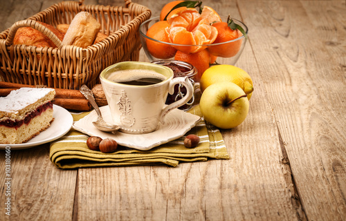 Morning breakfast with coffee and fruits