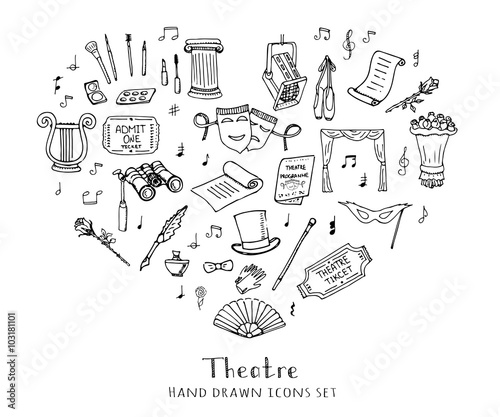 Hand drawn doodle Theatre set Vector illustration Sketchy theater icons  Theatre acting performance elements Ticket Masks Lyra Flowers Curtain stage Musical notes Pointe shoes Make-up artist tools