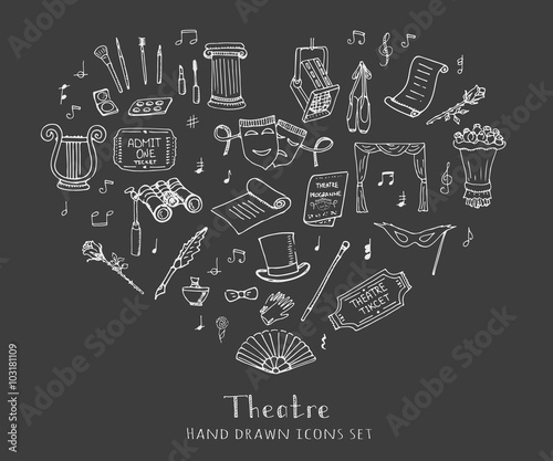 Hand drawn doodle Theatre set Vector illustration Sketchy theater icons  Theatre acting performance elements Ticket Masks Lyra Flowers Curtain stage Musical notes Pointe shoes Make-up artist tools