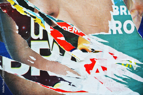 Random background collage paper texture on eroded wall