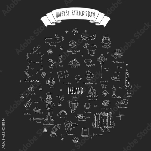 Happy St. Patrick's Day! Hand drawn doodle Ireland set Vector illustration Sketchy Irish traditional food icons elements Flag Map Celtic Cross Knot Castle Leprechaun Shamrock Harp Pot of gold
