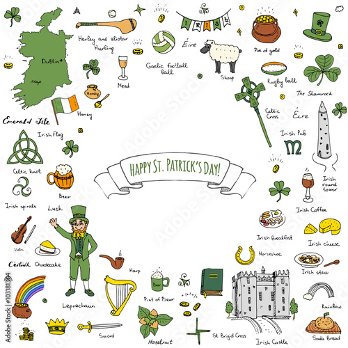 Happy St. Patrick's Day! Hand drawn doodle Ireland set Vector illustration Sketchy Irish traditional food icons elements Flag Map Celtic Cross Knot Castle Leprechaun Shamrock Harp Pot of gold