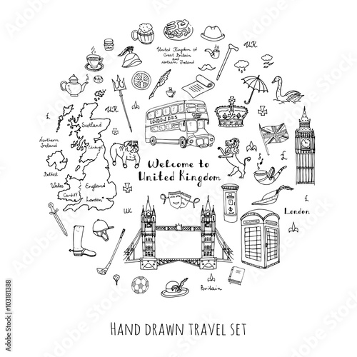 Hand drawn doodle United Kingdom set Vector illustration UK icons Welcome to London elements British symbols collection Tea Bus Horse riding Golf Crown Beer Lion Bulldog London bridge Big Ben Tower