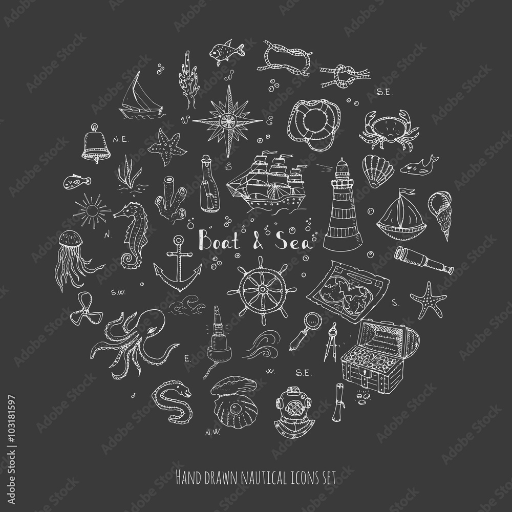 Hand drawn doodle Boat and Sea set Vector illustration boat icons sea life concept elements Ship symbols collection Marine life Nautical design Underwater life Sea animals Sea map Spyglass Magnifier Hand drawn doodle Boat and Sea set Vector illustration boat icons sea life concept elements Ship symbols collection Marine life Nautical design Underwater life Sea animals Sea map Spyglass Magnifier