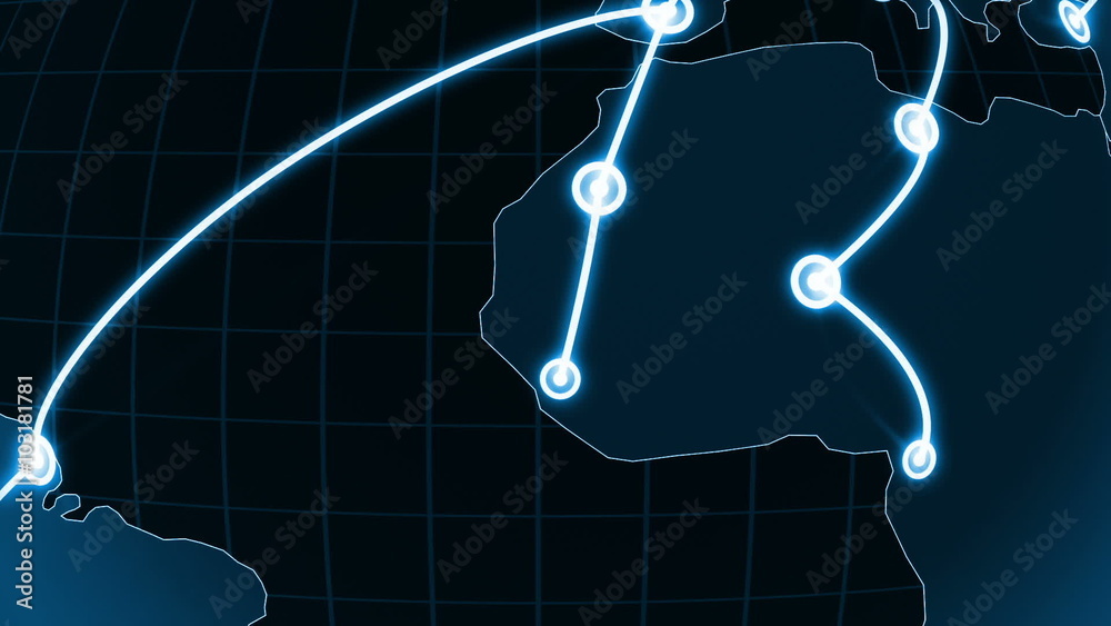 Flying around the World with the Growing Global Network. Lines and Dots. Business and Technology Concept 3d animation. HD 1080. Black background.