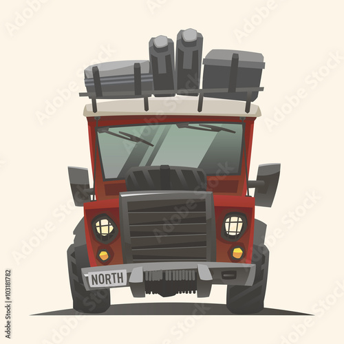 Off road red fully loaded lifted adventure car with hoist, extra wheel and baggage. Front view. Vector illustration.
