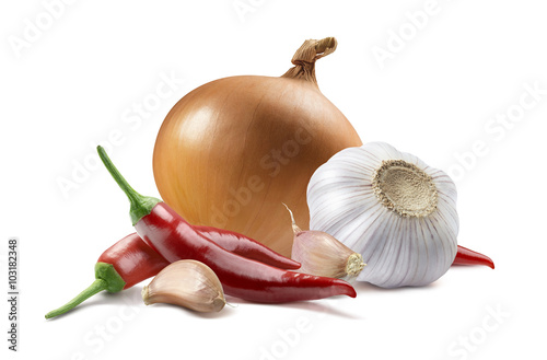 Onion garlic chili pepper isolated on white background