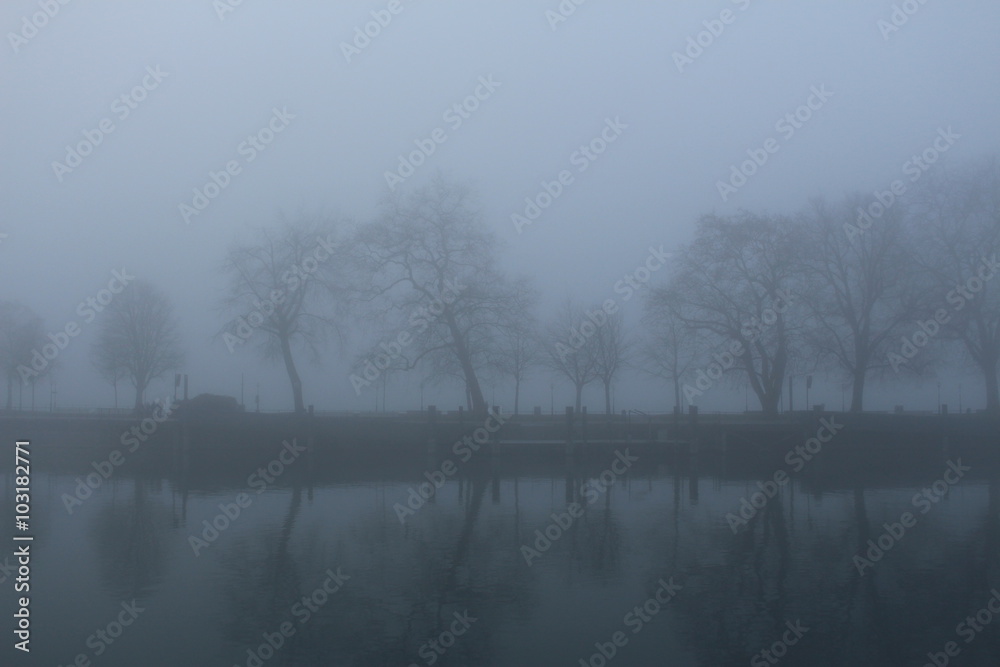 Foggy weather in Lake Constance (Bodensee) in Bregenz, Vorarlberg, Austria.